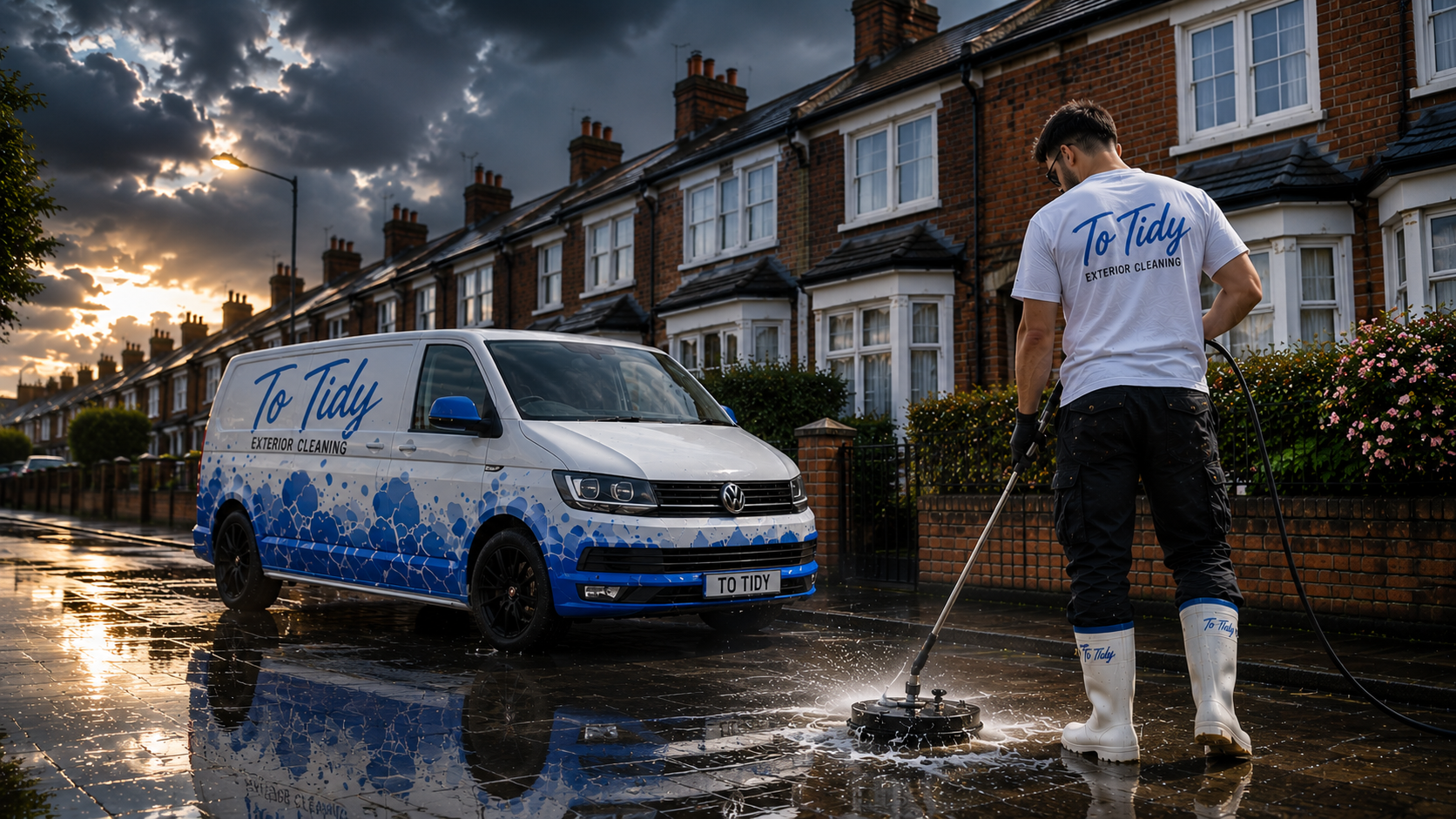 Too Tidy worker pressure washing a UK driveway
